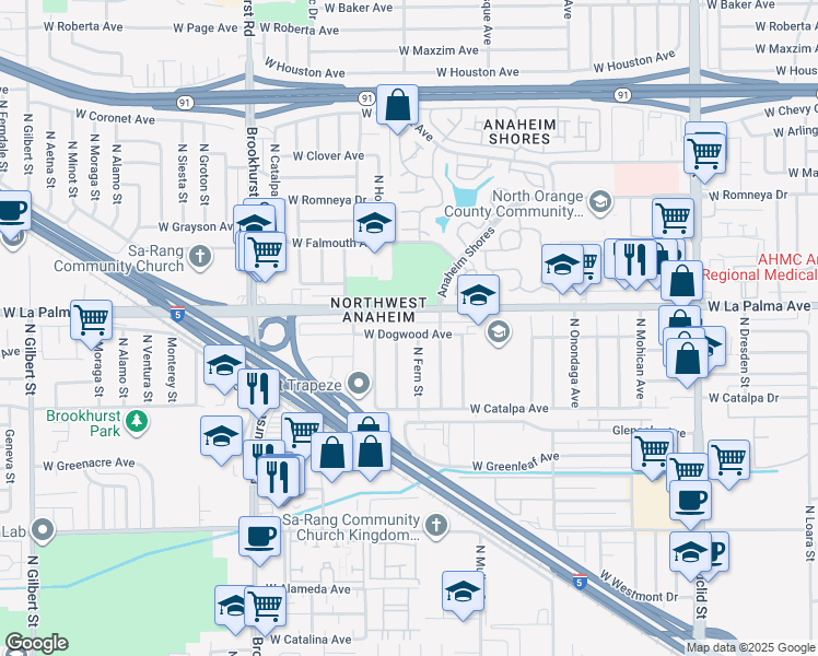 map of restaurants, bars, coffee shops, grocery stores, and more near 2025 West Dogwood Avenue in Anaheim