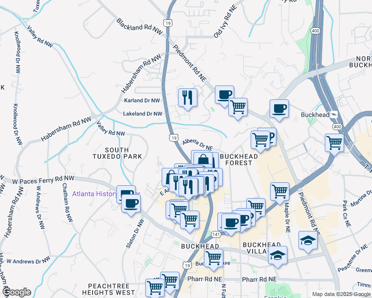 map of restaurants, bars, coffee shops, grocery stores, and more near 3351 Roswell Road Northeast in Atlanta