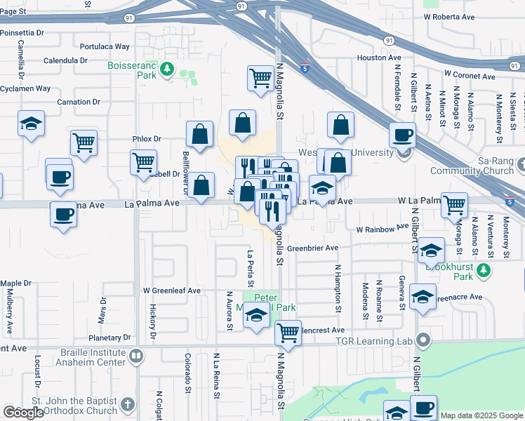 map of restaurants, bars, coffee shops, grocery stores, and more near 1029 North Magnolia Avenue in Anaheim