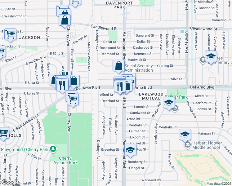 map of restaurants, bars, coffee shops, grocery stores, and more near 4830 Maybank Avenue in Lakewood