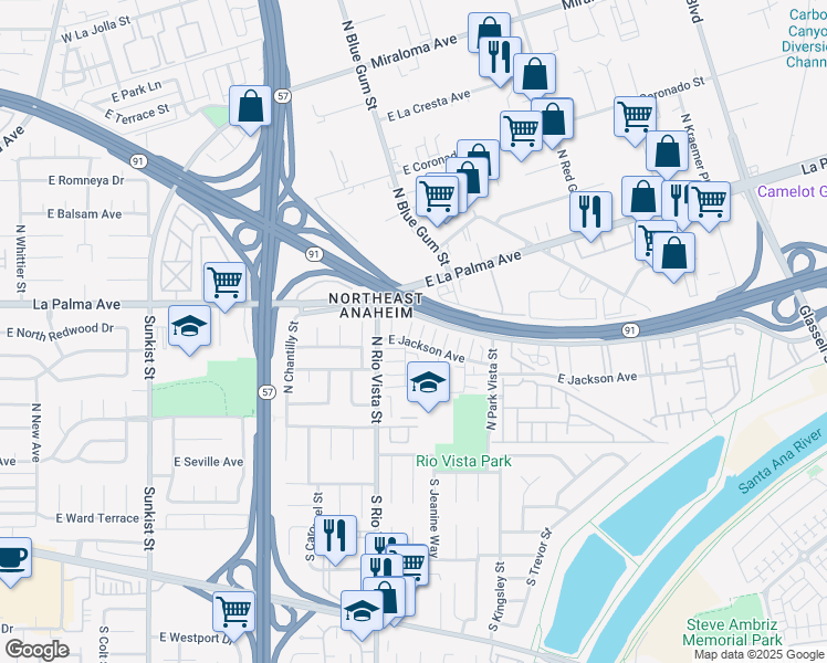 map of restaurants, bars, coffee shops, grocery stores, and more near 2829 East Jackson Avenue in Anaheim