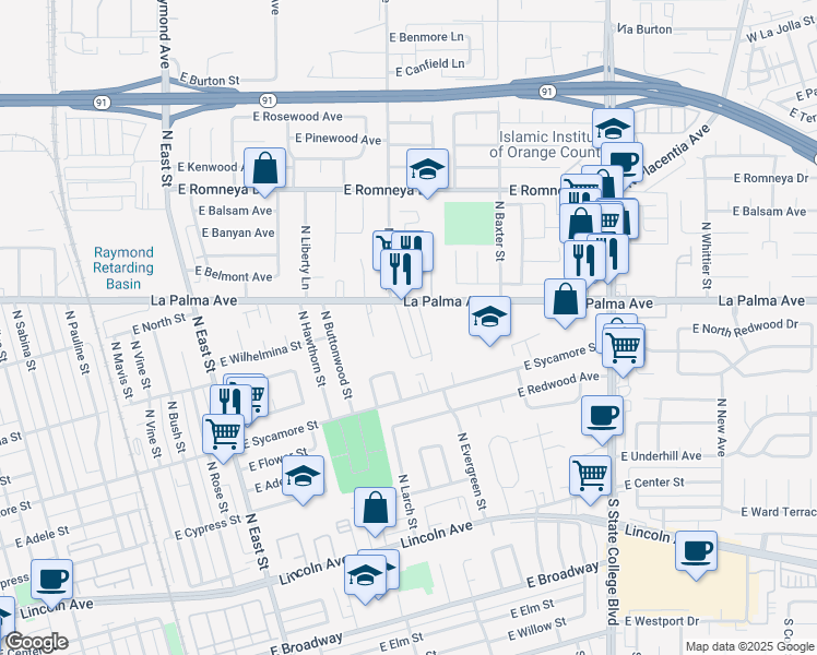 map of restaurants, bars, coffee shops, grocery stores, and more near 704 North Anna Drive in Anaheim