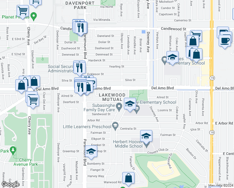map of restaurants, bars, coffee shops, grocery stores, and more near 2952 Allred Street in Lakewood