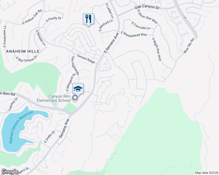map of restaurants, bars, coffee shops, grocery stores, and more near 1036 South Sundance Drive in Anaheim