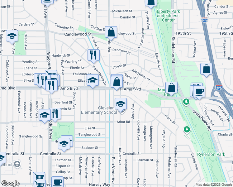 map of restaurants, bars, coffee shops, grocery stores, and more near 6406 Del Amo Boulevard in Lakewood