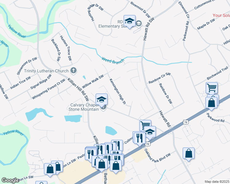 map of restaurants, bars, coffee shops, grocery stores, and more near 1947 Kensington High Street in Lilburn