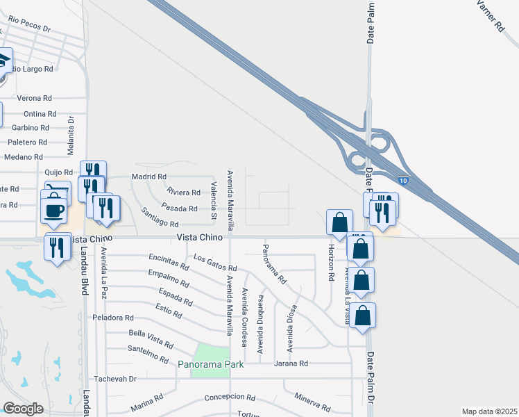 map of restaurants, bars, coffee shops, grocery stores, and more near Pasada Road & Calle Prado in Cathedral City