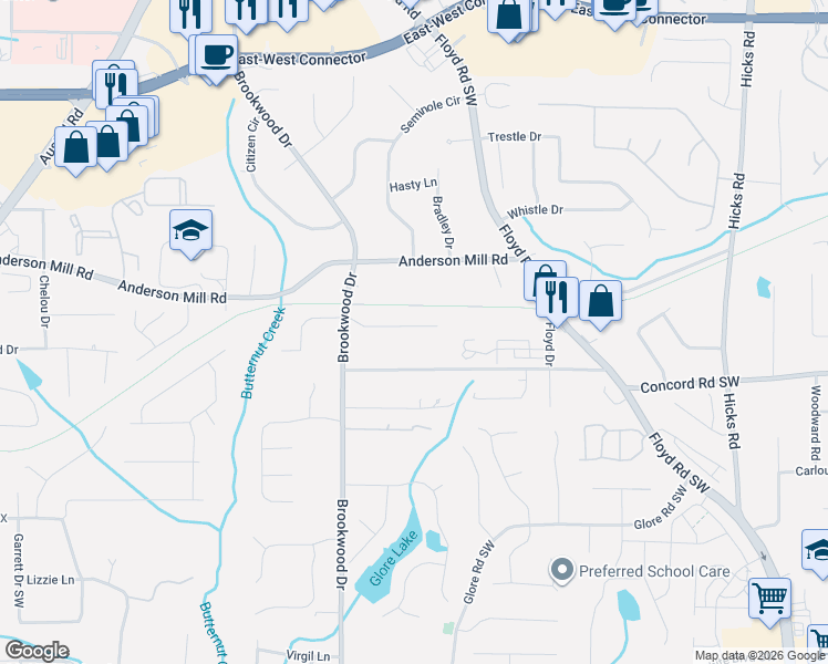 map of restaurants, bars, coffee shops, grocery stores, and more near 1123 Silvergate Lane in Mableton