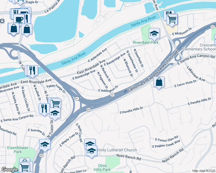map of restaurants, bars, coffee shops, grocery stores, and more near 201 North Pageant Street in Anaheim