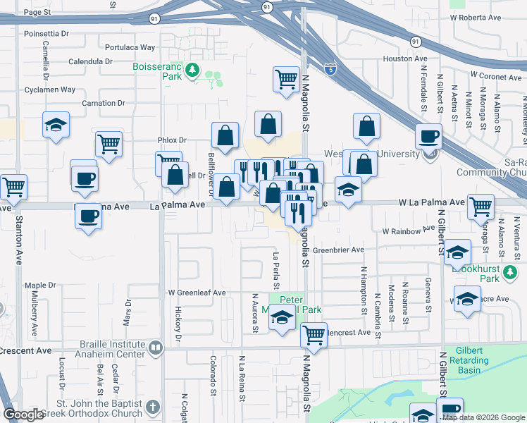 map of restaurants, bars, coffee shops, grocery stores, and more near 8850 La Palma Avenue in Buena Park