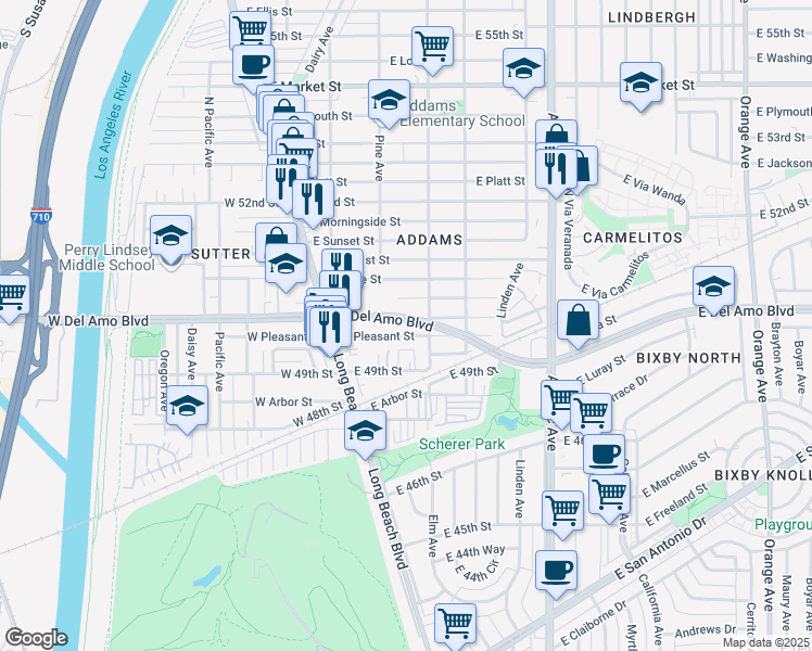 map of restaurants, bars, coffee shops, grocery stores, and more near 242 East Del Amo Boulevard in Long Beach