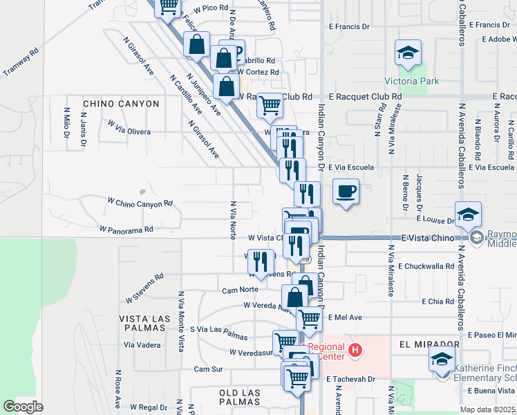 map of restaurants, bars, coffee shops, grocery stores, and more near 1810 North Mira Loma Way in Palm Springs