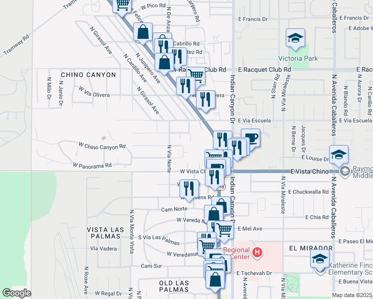 map of restaurants, bars, coffee shops, grocery stores, and more near 350 West Chino Canyon Road in Palm Springs