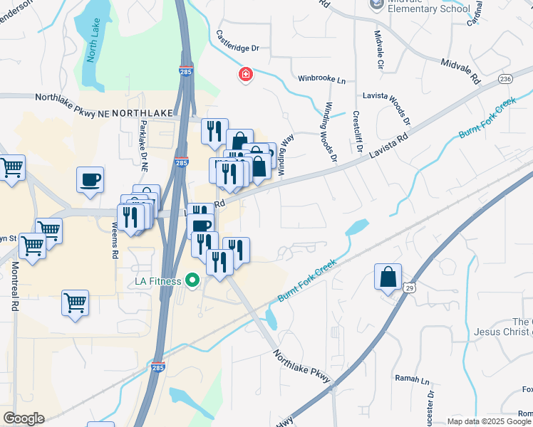 map of restaurants, bars, coffee shops, grocery stores, and more near 2105 Vista Dale Court in Tucker
