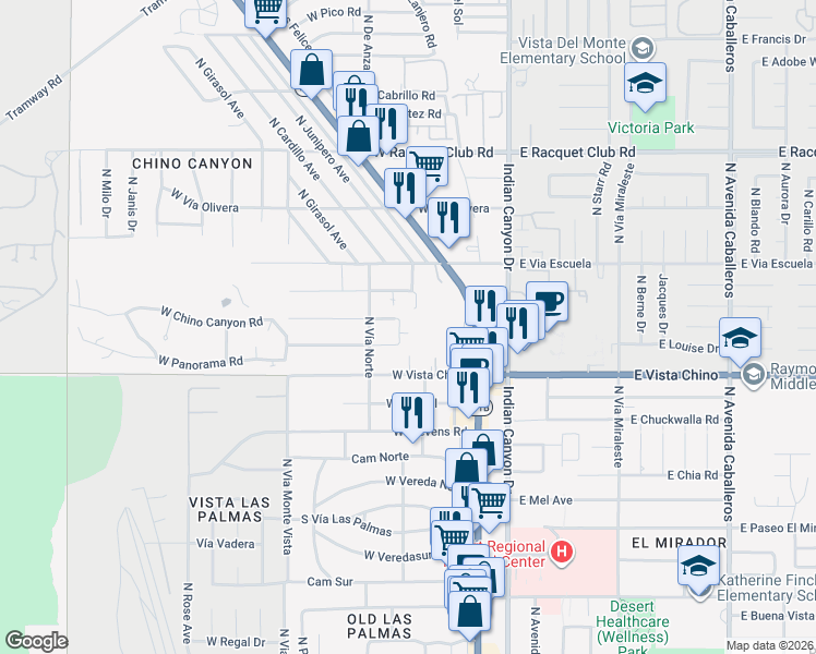 map of restaurants, bars, coffee shops, grocery stores, and more near 326 West Santa Elena Road in Palm Springs