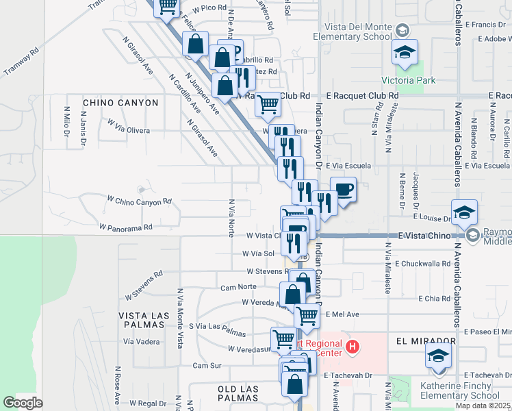 map of restaurants, bars, coffee shops, grocery stores, and more near 1810 North Mira Loma Way in Palm Springs