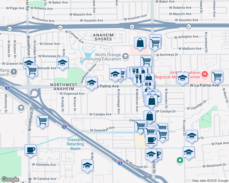 map of restaurants, bars, coffee shops, grocery stores, and more near 948 North Onondaga Avenue in Anaheim