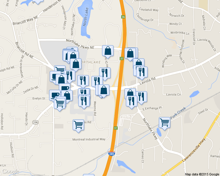 map of restaurants, bars, coffee shops, grocery stores, and more near Lavista Road in Atlanta