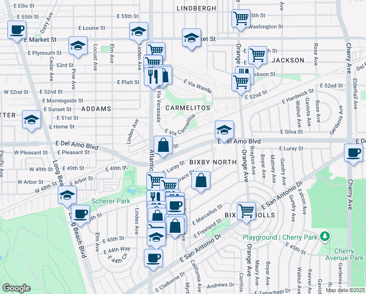 map of restaurants, bars, coffee shops, grocery stores, and more near 810 East Silva Street in Long Beach