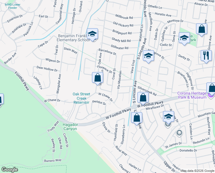 map of restaurants, bars, coffee shops, grocery stores, and more near 1240 Nina Lane in Corona