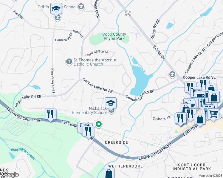 map of restaurants, bars, coffee shops, grocery stores, and more near 4370 Bowen Ridge Court Southeast in Smyrna