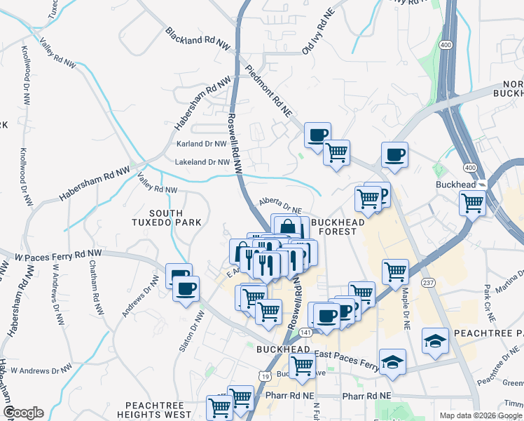 map of restaurants, bars, coffee shops, grocery stores, and more near 3351 Roswell Road Northeast in Atlanta