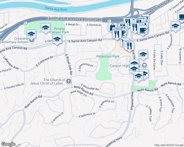map of restaurants, bars, coffee shops, grocery stores, and more near 5375 East Honeywood Lane in Anaheim