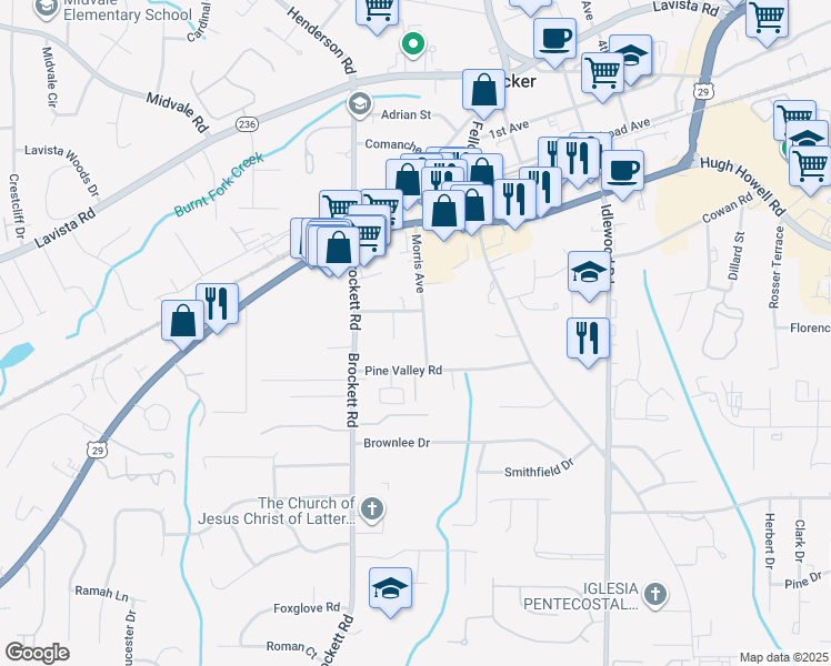 map of restaurants, bars, coffee shops, grocery stores, and more near 2116 Morris Avenue in Tucker