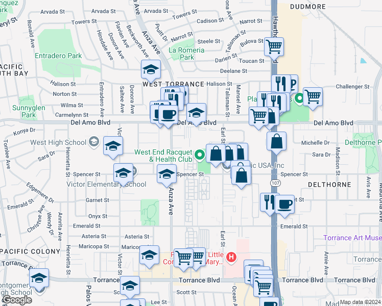map of restaurants, bars, coffee shops, grocery stores, and more near 4489 Spencer Street in Torrance
