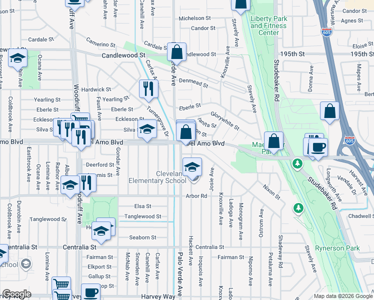 map of restaurants, bars, coffee shops, grocery stores, and more near 6406 Del Amo Boulevard in Lakewood