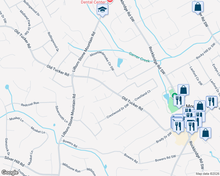 map of restaurants, bars, coffee shops, grocery stores, and more near 5602 Shadow View Drive Southwest in Stone Mountain