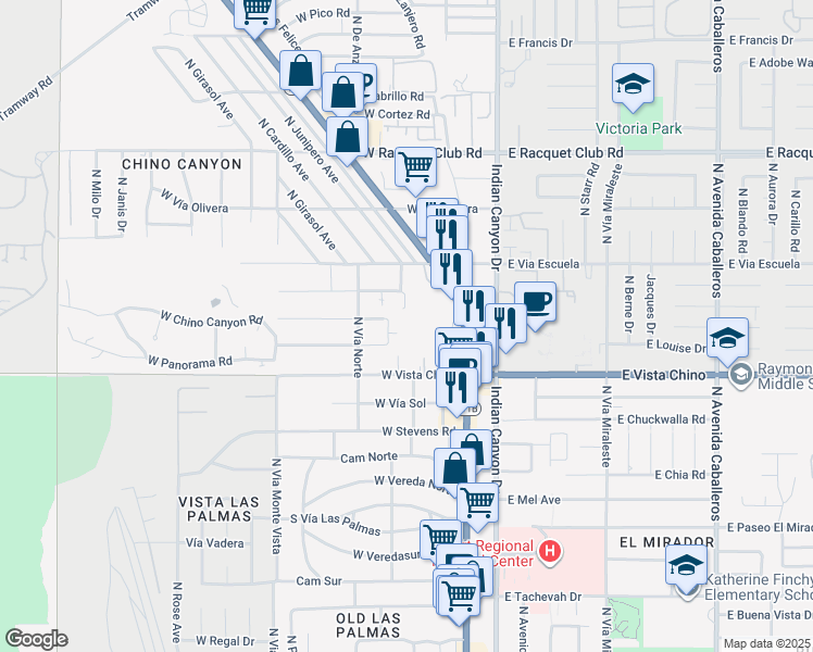 map of restaurants, bars, coffee shops, grocery stores, and more near 1870 North Mira Loma Way in Palm Springs