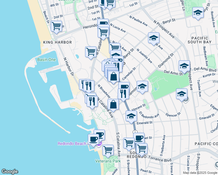 map of restaurants, bars, coffee shops, grocery stores, and more near 407 North Elena Avenue in Redondo Beach