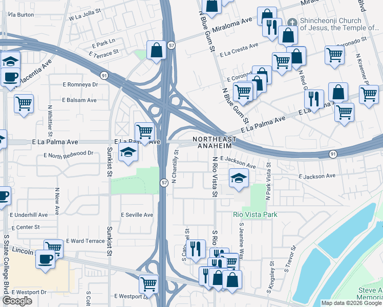 map of restaurants, bars, coffee shops, grocery stores, and more near 518 North Carousel Place in Anaheim