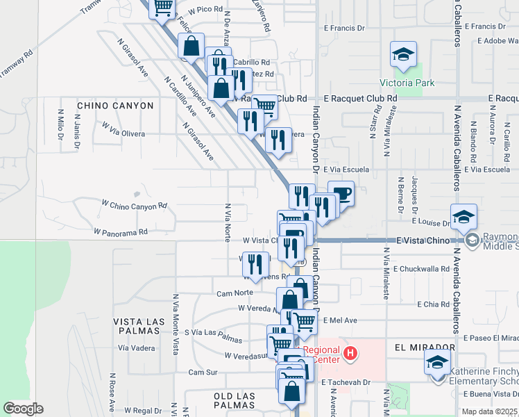 map of restaurants, bars, coffee shops, grocery stores, and more near 1870 North Mira Loma Way in Palm Springs