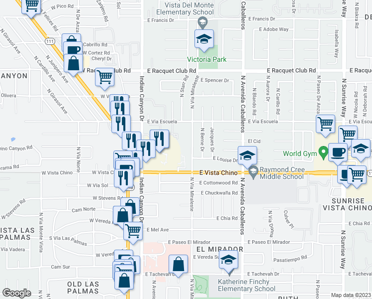 map of restaurants, bars, coffee shops, grocery stores, and more near 1735 North Vía Miraleste in Palm Springs