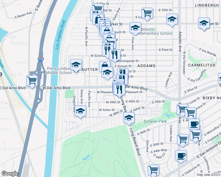 map of restaurants, bars, coffee shops, grocery stores, and more near 24 West Del Amo Boulevard in Long Beach