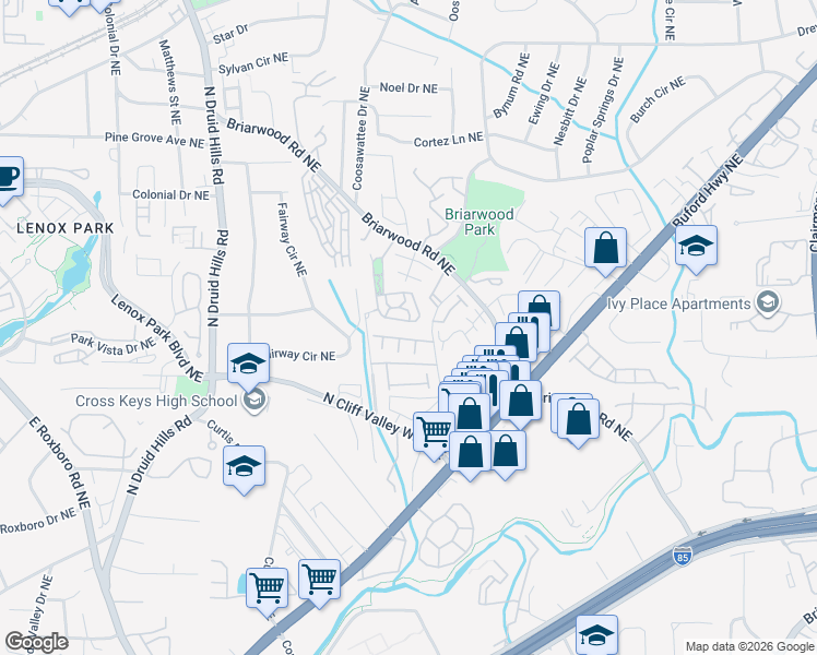 map of restaurants, bars, coffee shops, grocery stores, and more near 2018 Cobblestone Circle Northeast in Atlanta