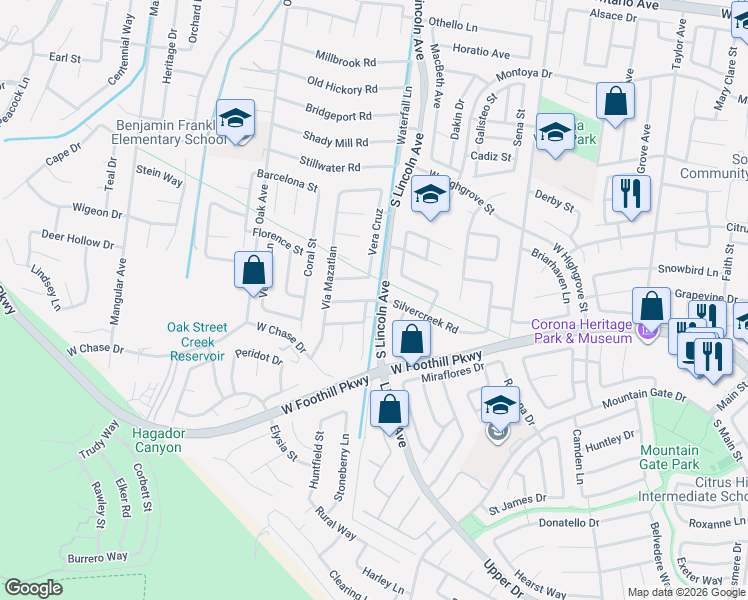 map of restaurants, bars, coffee shops, grocery stores, and more near 1092 Silvercreek Road in Corona