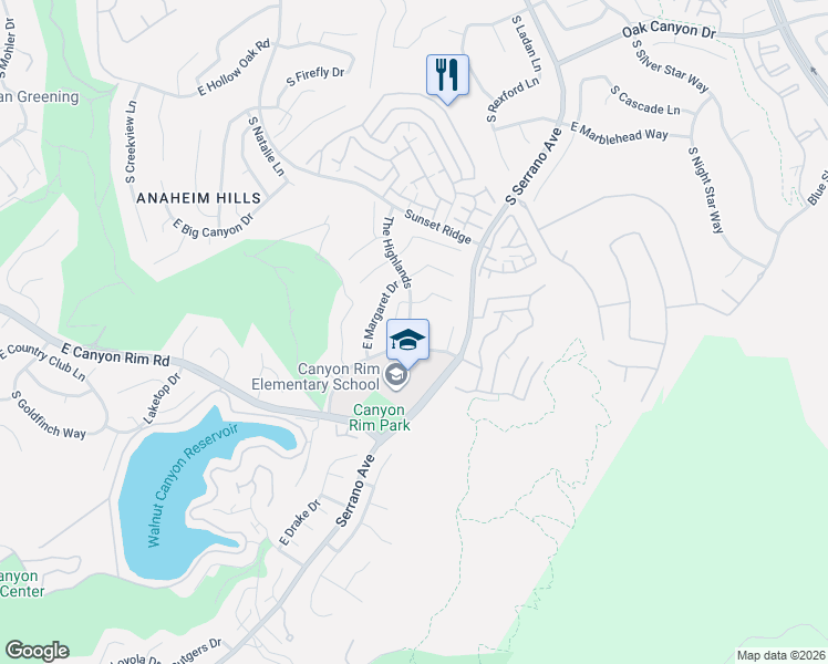 map of restaurants, bars, coffee shops, grocery stores, and more near 1075 South Highridge Court in Anaheim