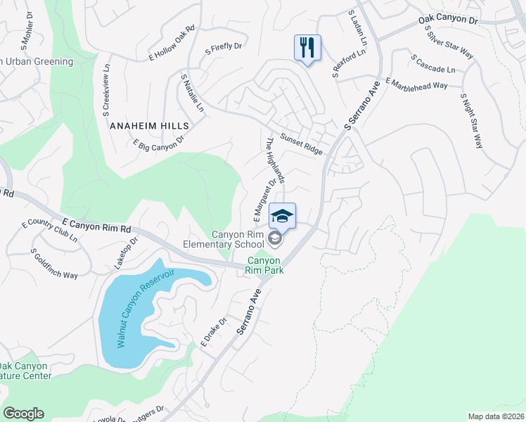 map of restaurants, bars, coffee shops, grocery stores, and more near 7707 East Margaret Drive in Anaheim