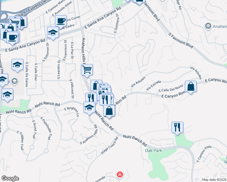 map of restaurants, bars, coffee shops, grocery stores, and more near 485 South Ranch View Circle in Anaheim
