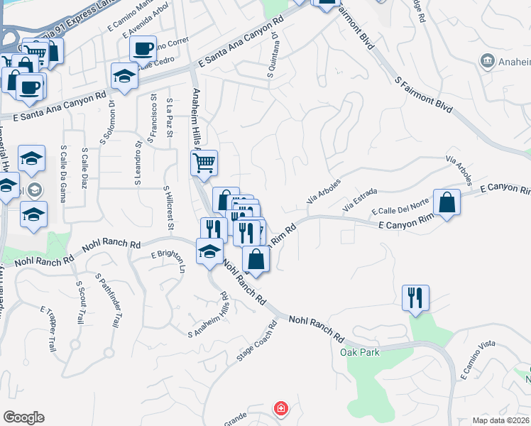 map of restaurants, bars, coffee shops, grocery stores, and more near 485 South Ranch View Circle in Anaheim