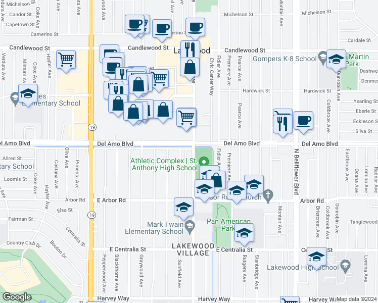 map of restaurants, bars, coffee shops, grocery stores, and more near 4841 1/2 Clark Avenue in Long Beach