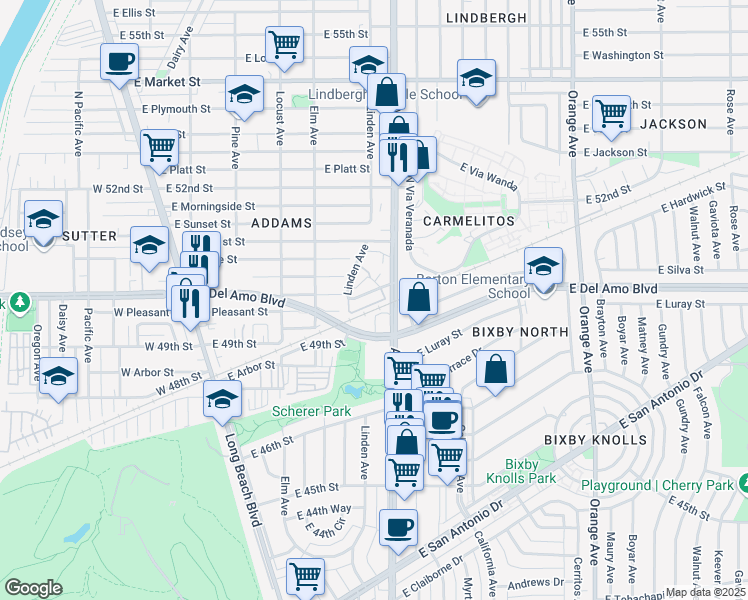map of restaurants, bars, coffee shops, grocery stores, and more near 510 East Pleasant Street in Long Beach
