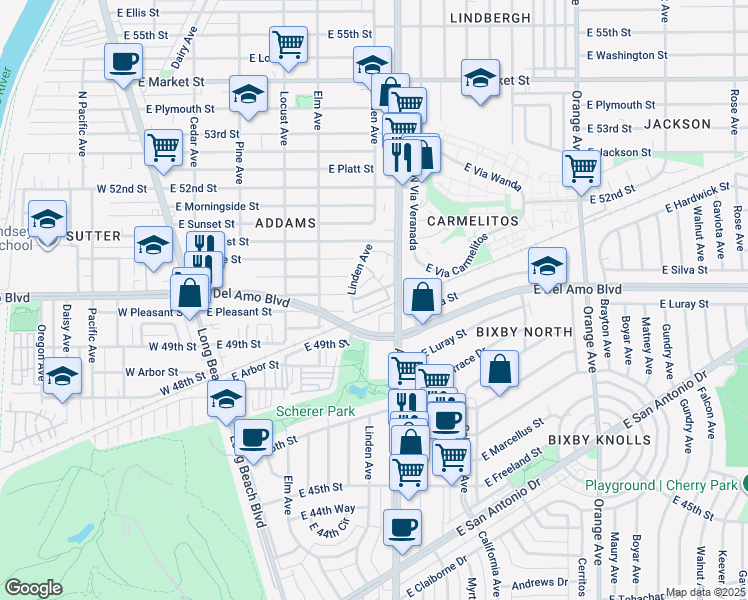 map of restaurants, bars, coffee shops, grocery stores, and more near 510 East Pleasant Street in Long Beach