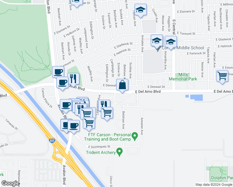 map of restaurants, bars, coffee shops, grocery stores, and more near 20421 Campaign Drive in Carson