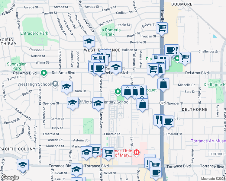 map of restaurants, bars, coffee shops, grocery stores, and more near 4489 Spencer Street in Torrance