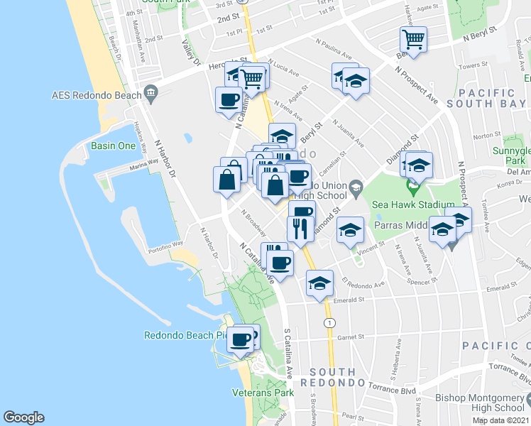 map of restaurants, bars, coffee shops, grocery stores, and more near 313 Carnelian Street in Redondo Beach