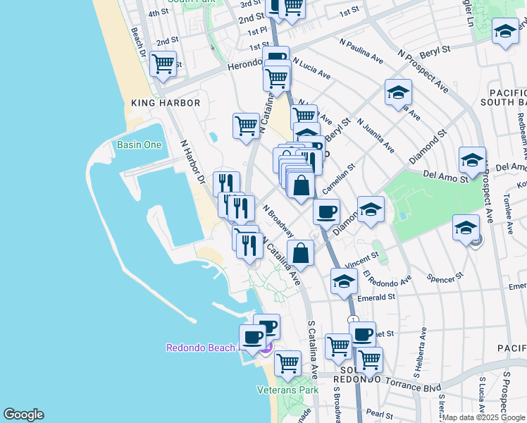 map of restaurants, bars, coffee shops, grocery stores, and more near 415 North Broadway in Redondo Beach